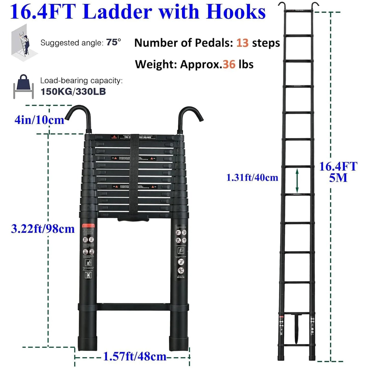 Black 5M Heavy Duty Telescopic Ladders 16.4FT Home Aluminum Extendable Roof Ladder With Detachable Hooks, Certificated EN131