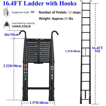 Black 5M Heavy Duty Telescopic Ladders 16.4FT Home Aluminum Extendable Roof Ladder With Detachable Hooks, Certificated EN131