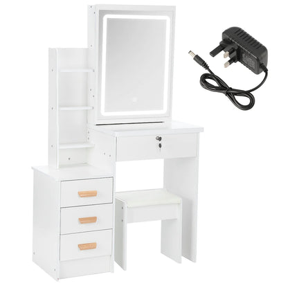 Coiffeuse avec miroir et tabouret, coiffeuse de bureau de maquillage blanche avec tiroirs, étagères ouvertes, coiffeuse de chambre moderne