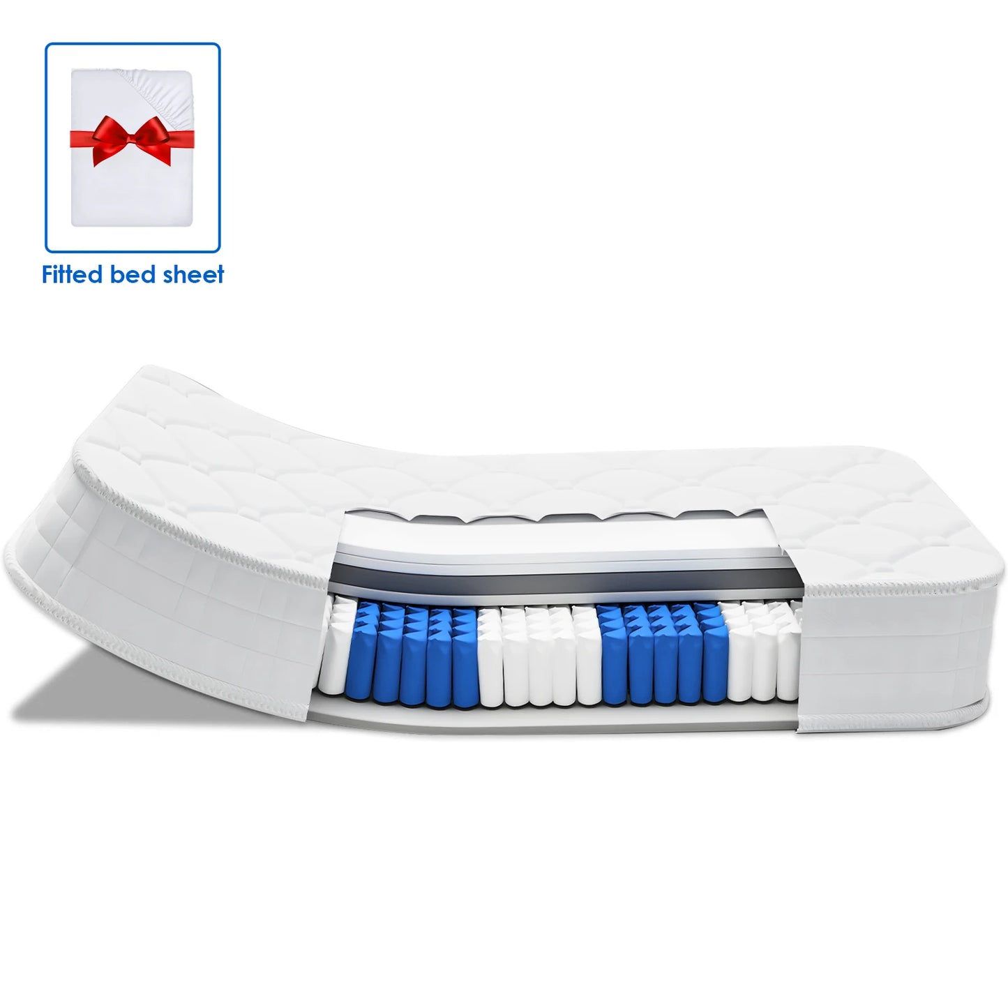 AUTHMIC Pocket Spring Mattress 7-Zone Ergonomic Support Medium Firm 22cm Thick with Fitted Sheet for Home Bedroom Sleep Comfort