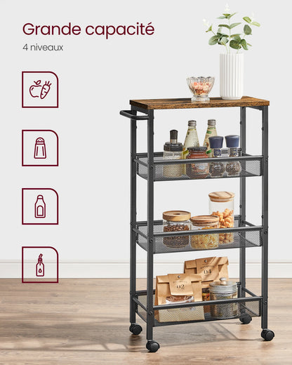 VASAGLE 4-Tier Trolley, Space-Saving Kitchen Cart with Wheels, Steel Frame, Handle, Trolley for Small Spaces, 22 x 45.5 x 77 cm