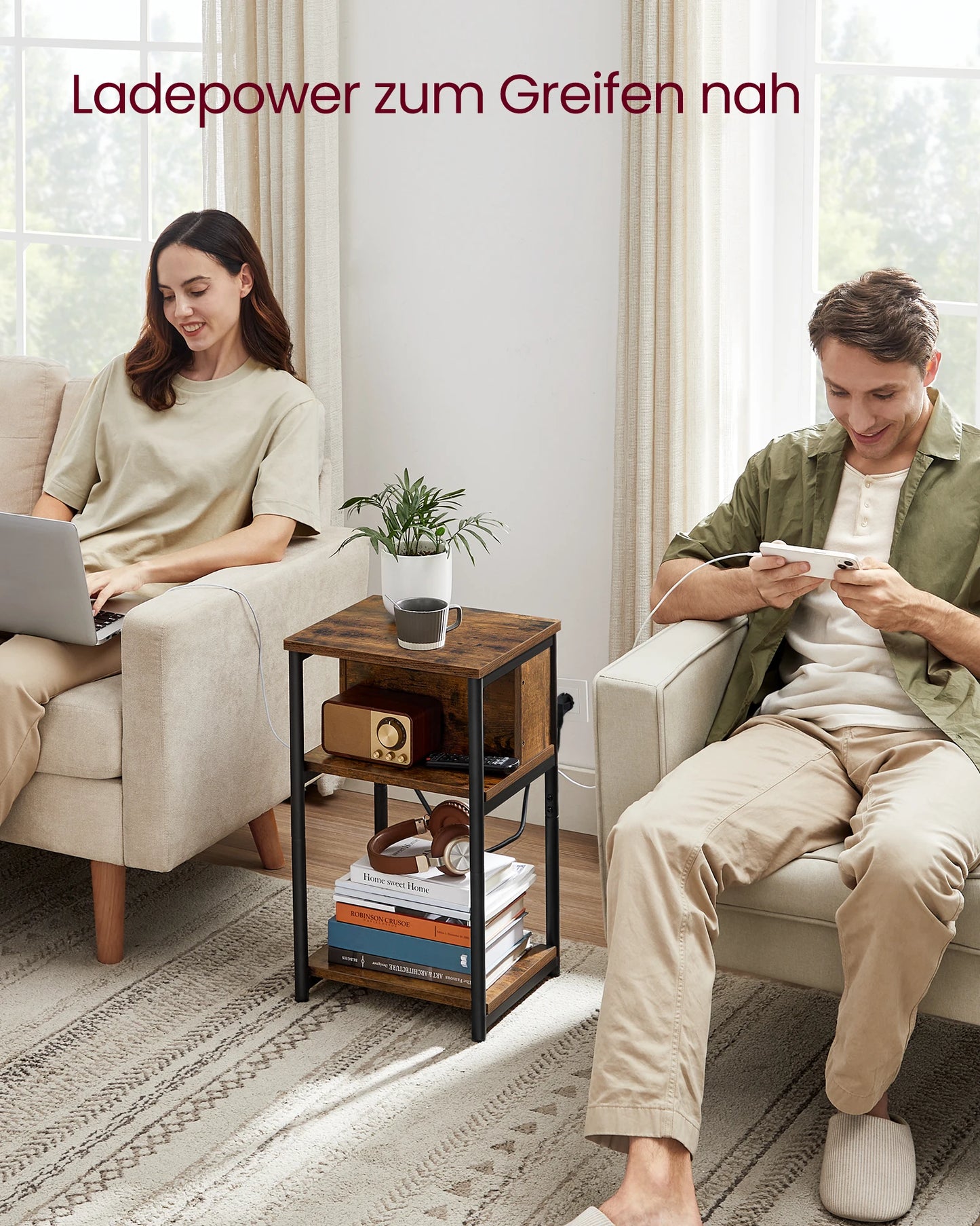 VASAGLE side table, bedside table with socket, narrow, 2 AC ports, 2 USB ports, 30x34x58 cm, for living room