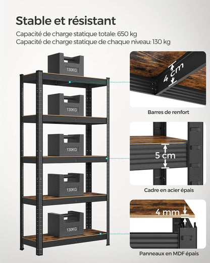 SONGMICS Étagère de Rangement à 5 Niveaux, 30 x 75 x 150 cm, Capacité 650 kg, Planches Réglables, Style Industriel, pour Cuisine, Salon