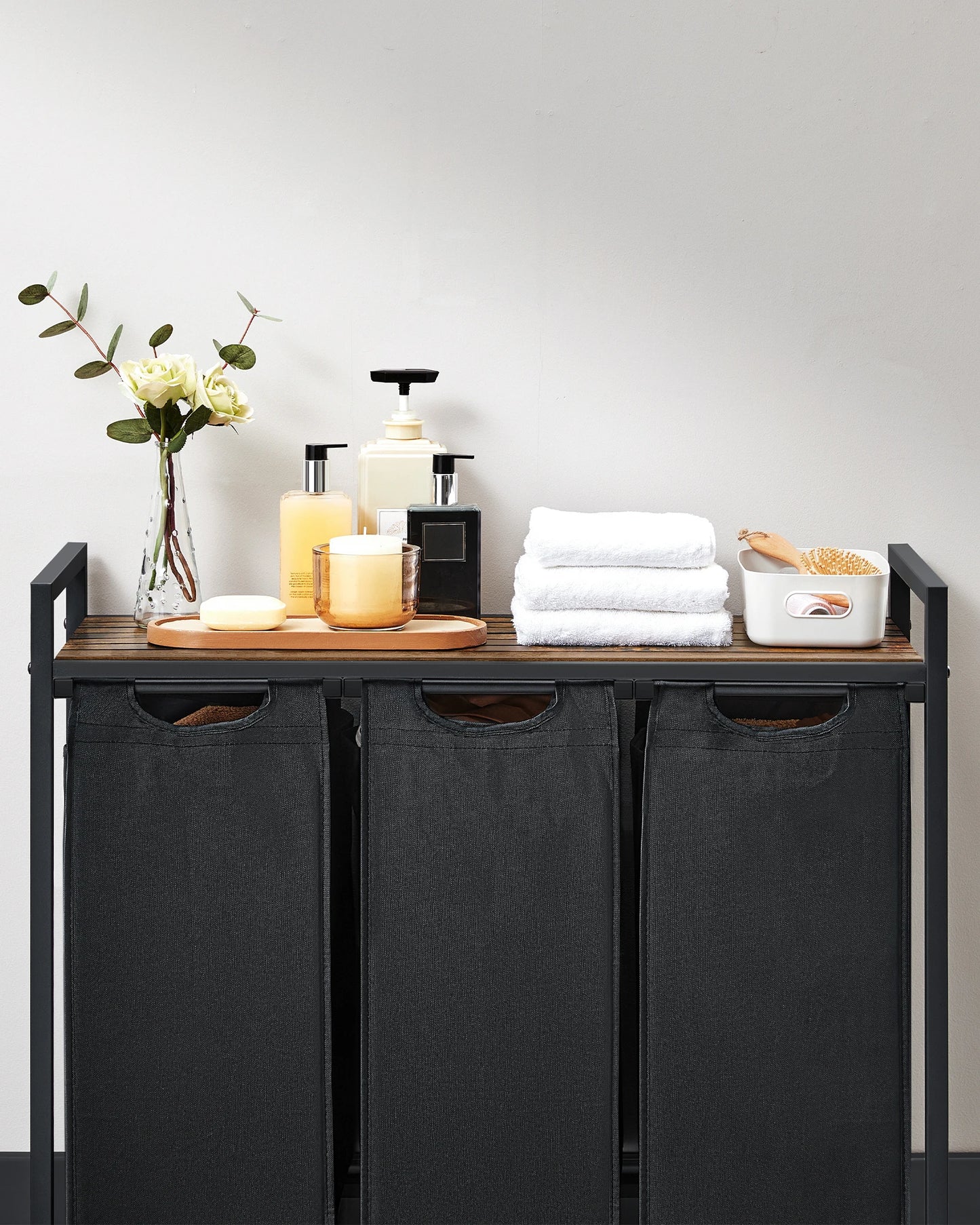 VASAGLE Laundry Basket, 3-Compartment Laundry Hamper, Pull-Out and Removable Laundry Bags, Laundry Sorter, Shelf, Metal Frame