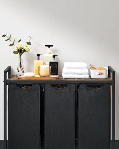 VASAGLE Laundry Basket, 3-Compartment Laundry Hamper, Pull-Out and Removable Laundry Bags, Laundry Sorter, Shelf, Metal Frame