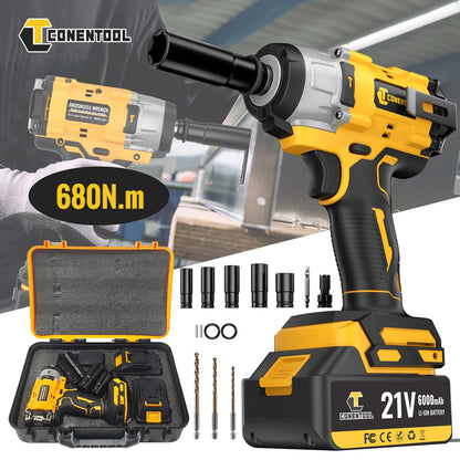 CONENTOOL 21V clé à chocs sans fil 1/2 "pistolet hochet électrique 680Nm avec 2 piles 6000mAh et étui pour la réparation de voiture et le bricolage à domicile
