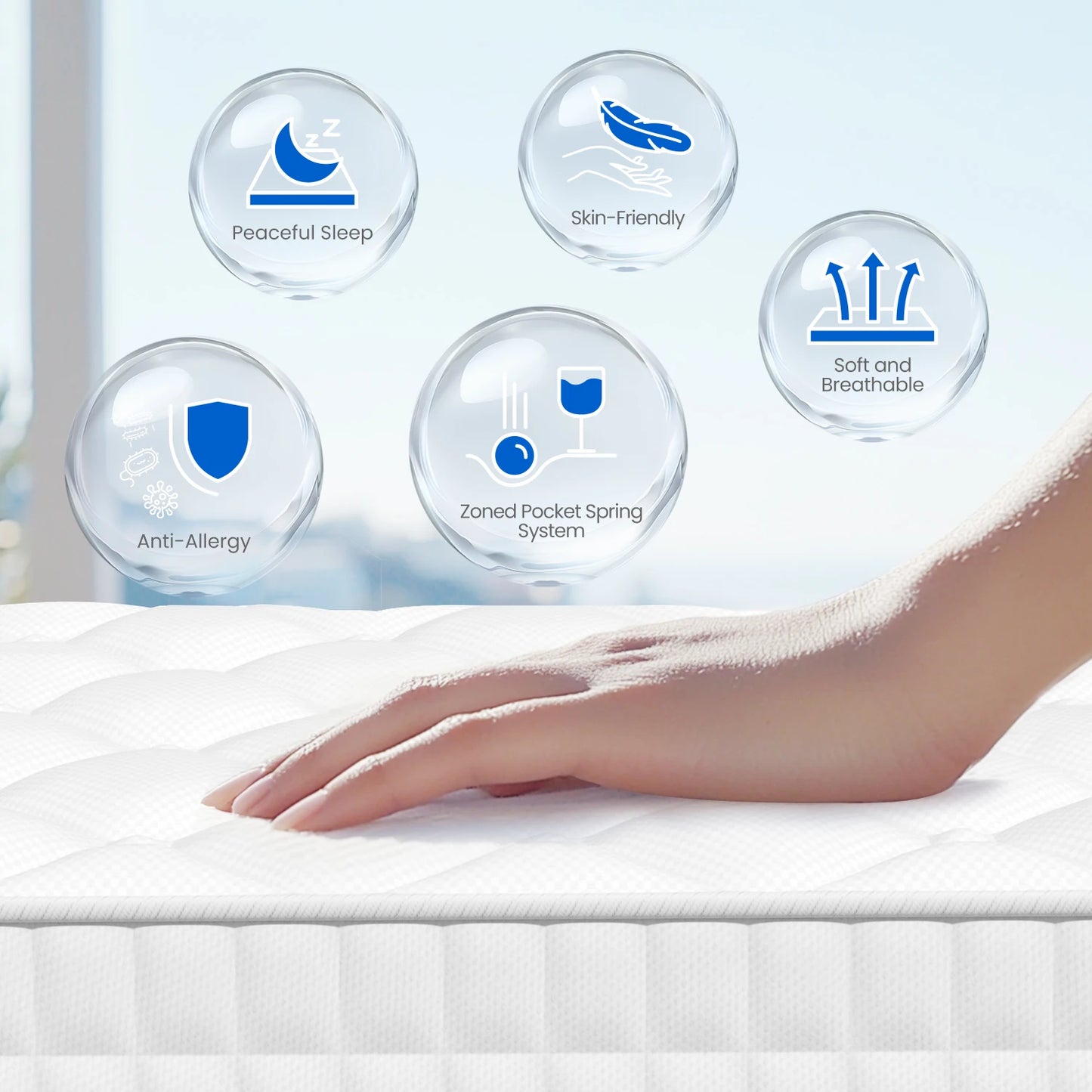 AUTHMIC Pocket Spring Mattress 7-Zone Ergonomic Support Medium Firm 22cm Thick with Fitted Sheet for Home Bedroom Sleep Comfort