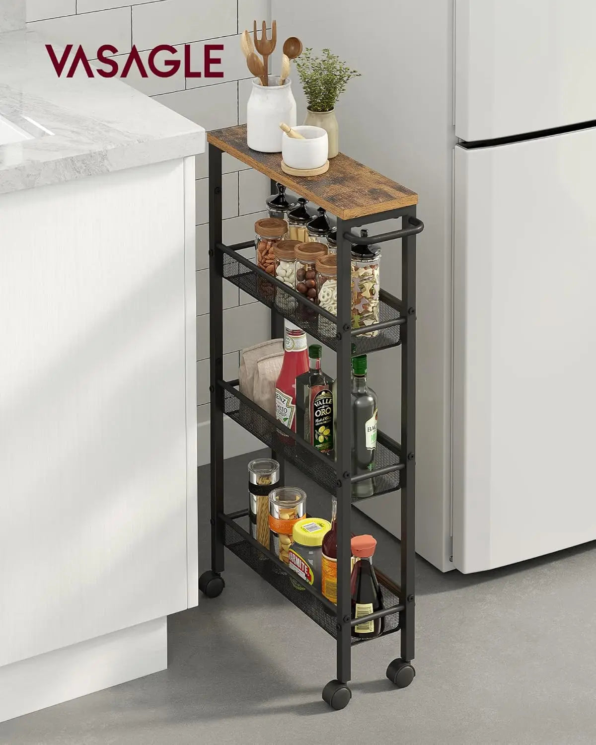 VASAGLE 4-level trolley narrow kitchen trolley niche rack on castors steel handle