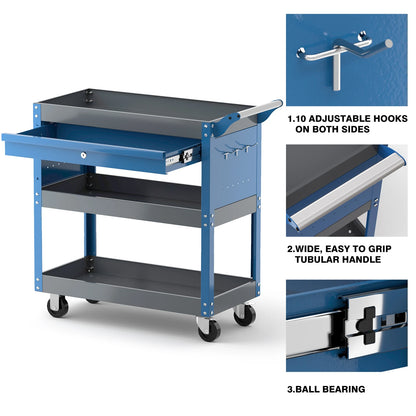 AIRAJ Chariot à outils roulant à 3 niveaux, chariot à outils mécanique sur roulettes, chariot de rangement d'outils d'une capacité de 440 lb pour garage, entrepôt, bleu