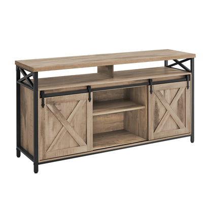 Meuble TV, Support pour Téléviseur Jusqu’à 65 Pouces, avec Étagères Réglables, Portes Imitation Grange, Marron Rustique et Noir
