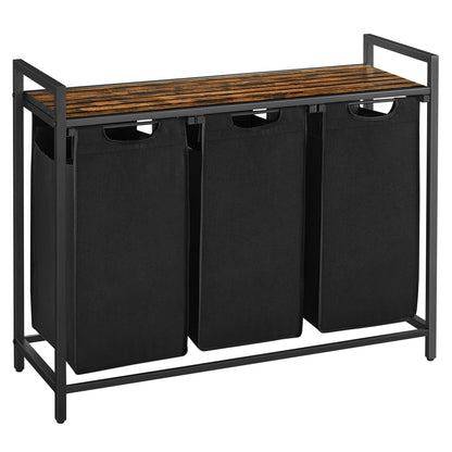 VASAGLE Laundry Basket, 3-Compartment Laundry Hamper, Pull-Out and Removable Laundry Bags, Laundry Sorter, Shelf, Metal Frame