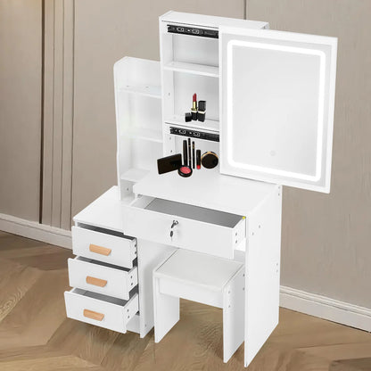 Coiffeuse avec miroir et tabouret, coiffeuse de bureau de maquillage blanche avec tiroirs, étagères ouvertes, coiffeuse de chambre moderne