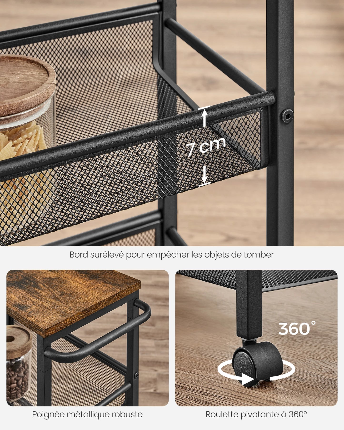 VASAGLE 4-Tier Trolley, Space-Saving Kitchen Cart with Wheels, Steel Frame, Handle, Trolley for Small Spaces, 22 x 45.5 x 77 cm