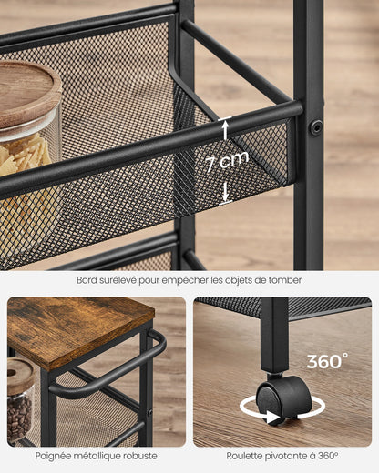VASAGLE 4-Tier Trolley, Space-Saving Kitchen Cart with Wheels, Steel Frame, Handle, Trolley for Small Spaces, 22 x 45.5 x 77 cm
