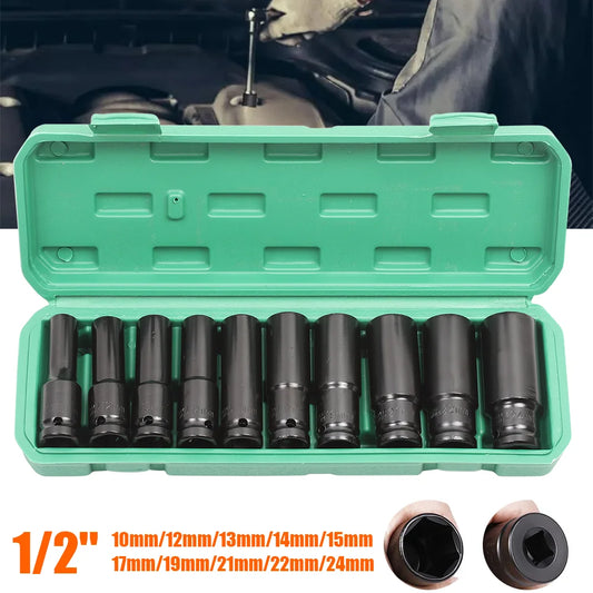 10pcs Impact Socket Set 1/2” Metric Spanner Drive Deep Sockets 10-24mm Pneumatic Wrench Head Tire Removal Tools