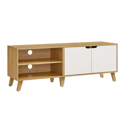 Meuble TV 2 Portes, Longueur 140 cm, pour Téléviseurs 60 Pouces, Salon, Salle à Manger, Chambre, Chêne Naturel et Blanc Crème