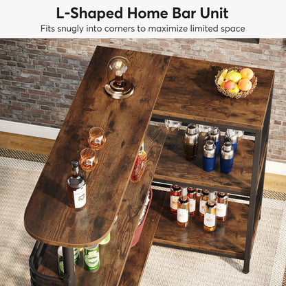 Tribesigns L-Shaped Home Bar Unit, 3 Tier Liquor Bar Table with Storage Shelves and Wine Glasses Holder
