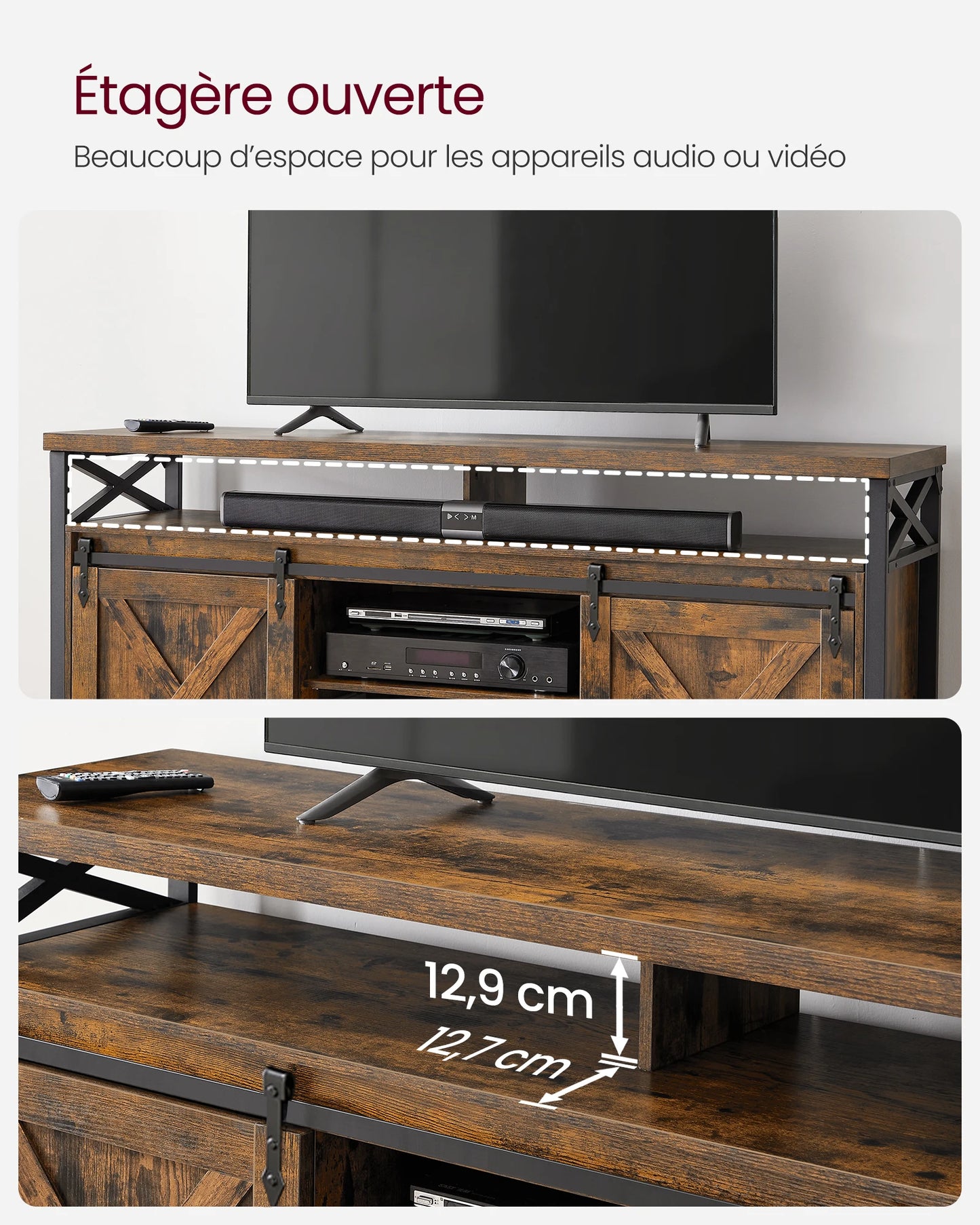 Meuble TV, Support pour Téléviseur Jusqu’à 65 Pouces, avec Étagères Réglables, Portes Imitation Grange, Marron Rustique et Noir