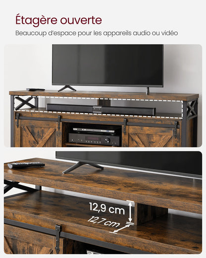 Meuble TV, Support pour Téléviseur Jusqu’à 65 Pouces, avec Étagères Réglables, Portes Imitation Grange, Marron Rustique et Noir