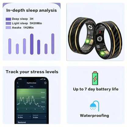 Anneau intelligent de traqueur de forme physique pour femmes et hommes, avec fréquence cardiaque, surveillance de la pression artérielle et de l'oxygène, suivi du sommeil et comptage des pas
