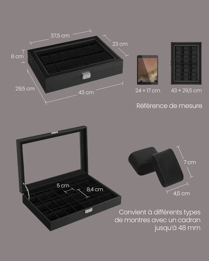 SONGMICS Boîte de rangement verrouillable pour montres avec 24 emplacements, couvercle en verre, cadeau pour vos proches, cuir synthétique noir, doublure noire d'encre