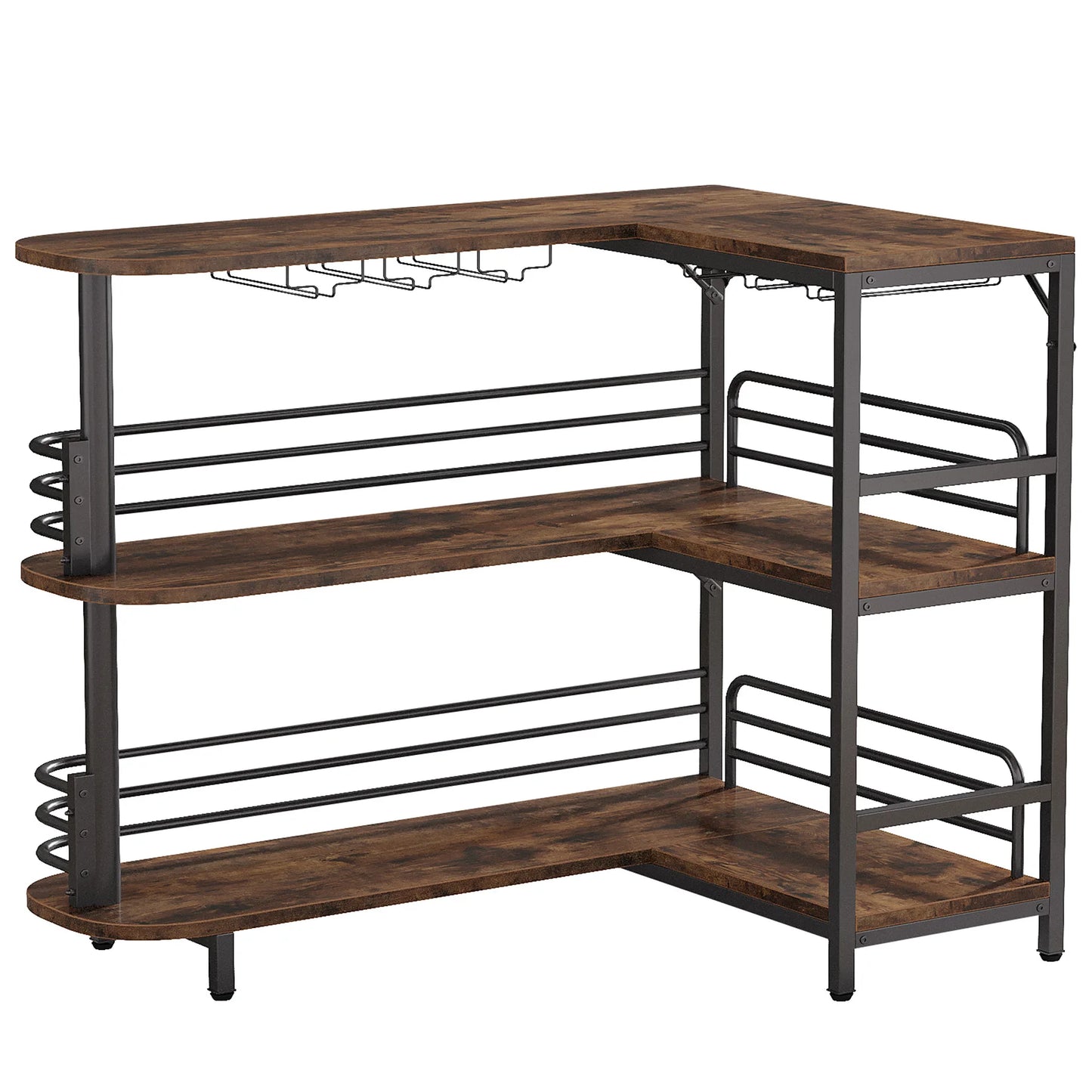 Tribesigns L-Shaped Home Bar Unit, 3 Tier Liquor Bar Table with Storage Shelves and Wine Glasses Holder