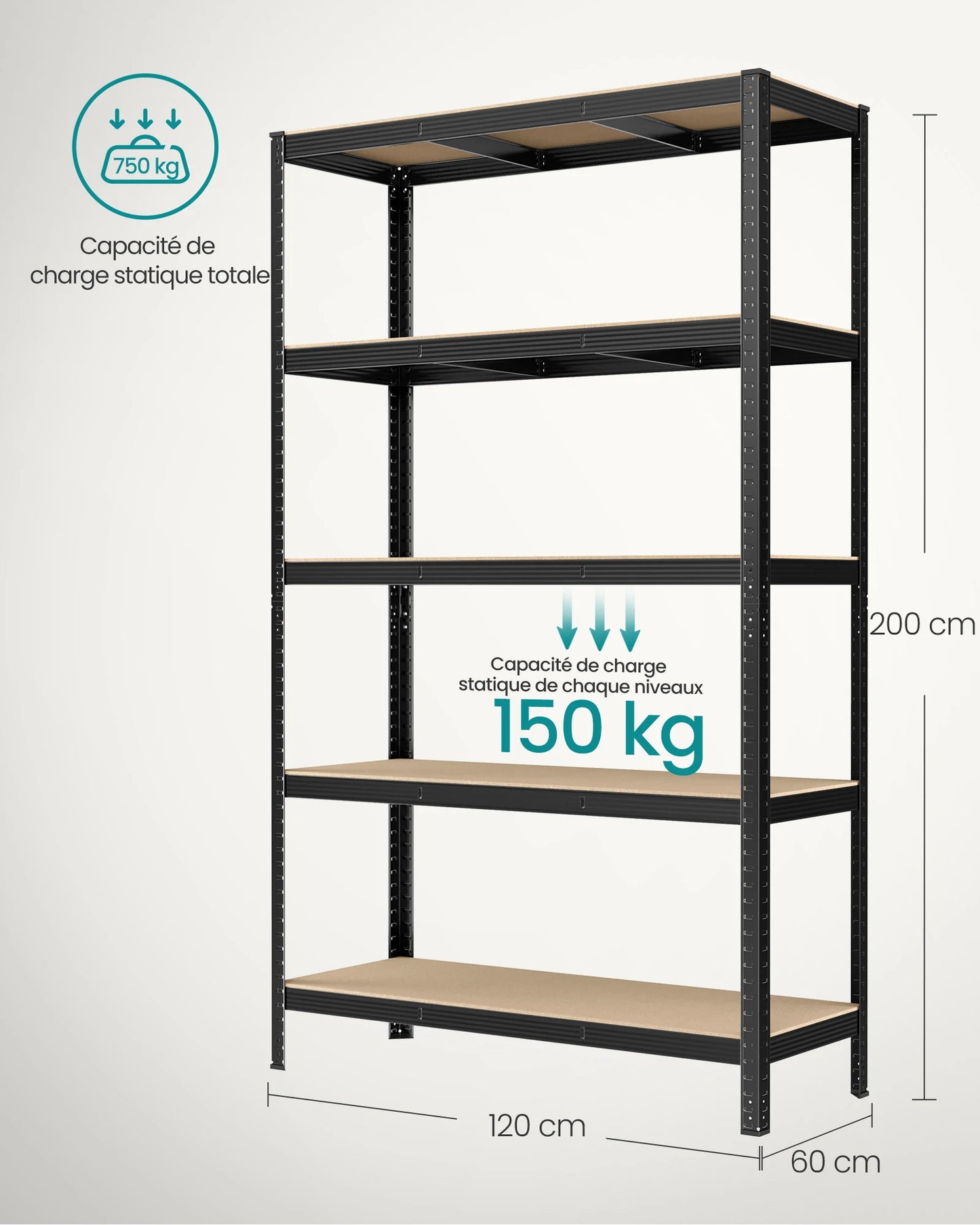 Étagère Charge Lourde à 5 Niveaux, Montage sans Vis,  Capacité 750 kg, 60 x 120 x 200 cm