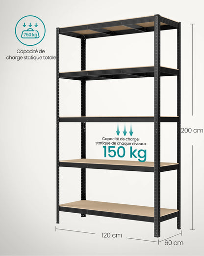 Étagère Charge Lourde à 5 Niveaux, Montage sans Vis,  Capacité 750 kg, 60 x 120 x 200 cm