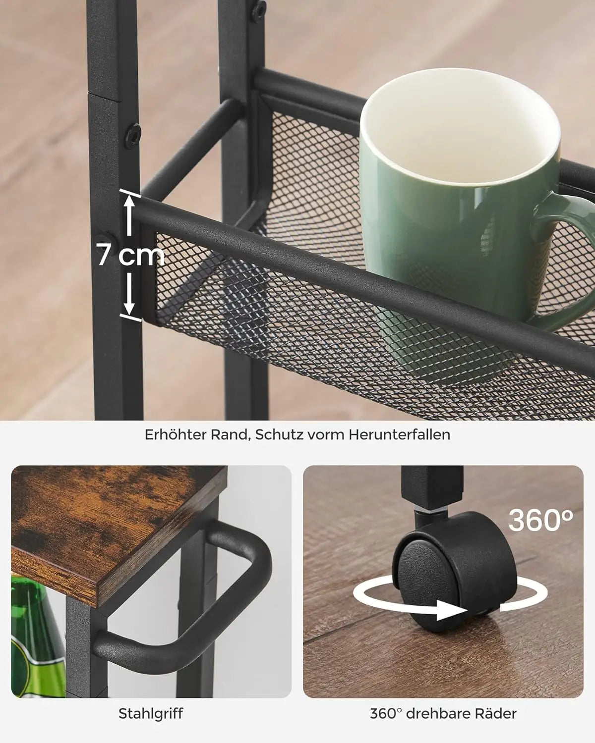 VASAGLE 4-level trolley narrow kitchen trolley niche rack on castors steel handle