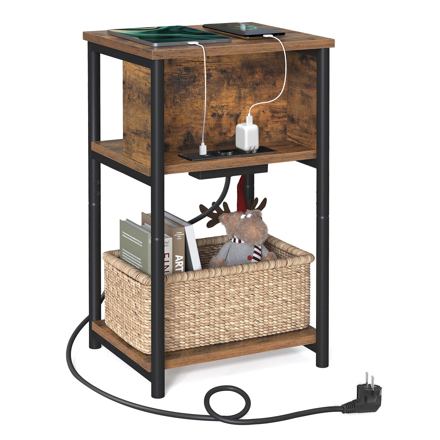 VASAGLE side table, bedside table with socket, narrow, 2 AC ports, 2 USB ports, 30x34x58 cm, for living room