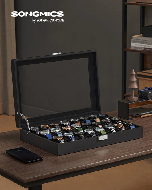 SONGMICS Boîte de rangement verrouillable pour montres avec 24 emplacements, couvercle en verre, cadeau pour vos proches, cuir synthétique noir, doublure noire d'encre