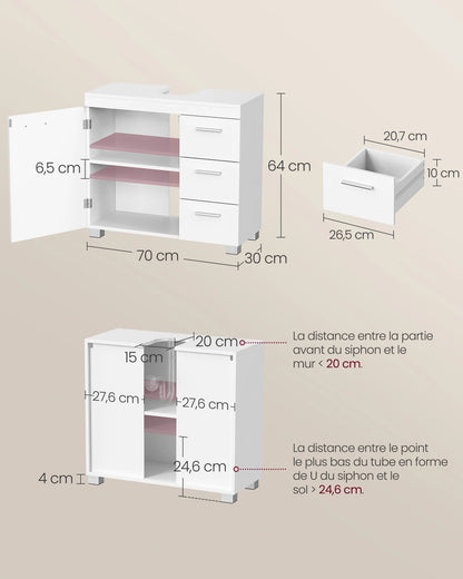 Meuble sous vasque, 3 Grands Tiroirs, 2 Compartiments Derrière la Porte, 70 x 30 x 64 cm, Blanc et Gris Ciment