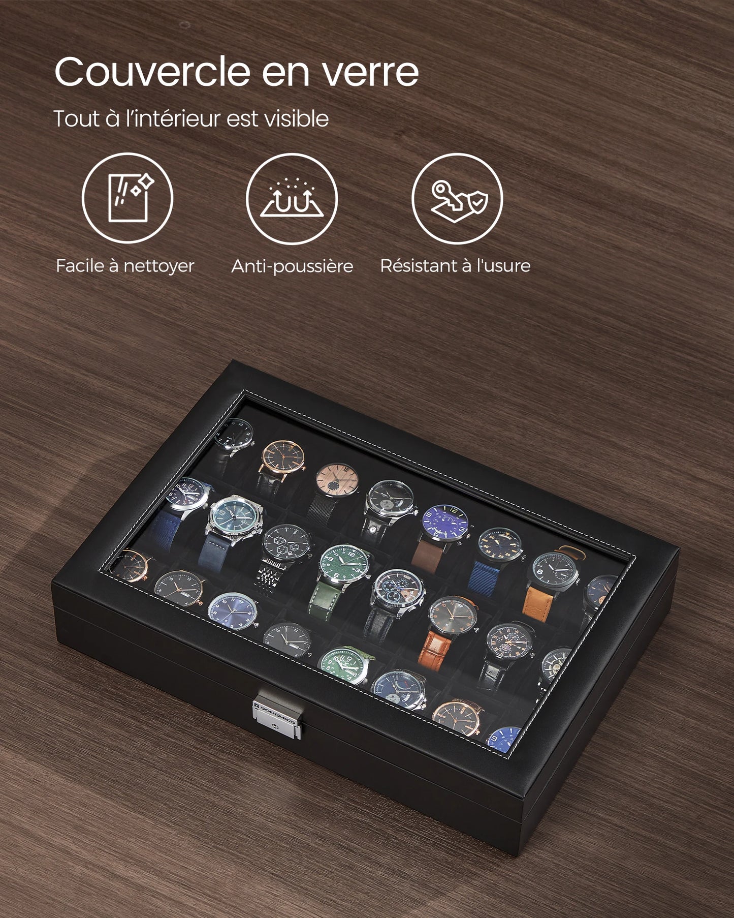 SONGMICS Boîte de rangement verrouillable pour montres avec 24 emplacements, couvercle en verre, cadeau pour vos proches, cuir synthétique noir, doublure noire d'encre