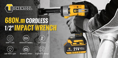 CONENTOOL 21V clé à chocs sans fil 1/2 "pistolet hochet électrique 680Nm avec 2 piles 6000mAh et étui pour la réparation de voiture et le bricolage à domicile