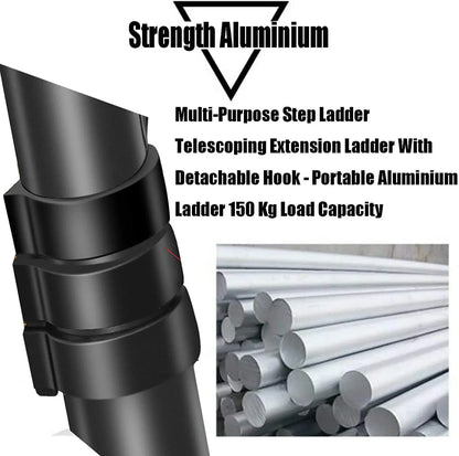 Black 5M Heavy Duty Telescopic Ladders 16.4FT Home Aluminum Extendable Roof Ladder With Detachable Hooks, Certificated EN131