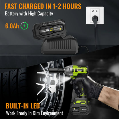 CONENTOOL Clé à Chocs Sans Fil 21V, Moteur Brushless 1/2”, Batterie Lithium 6000mAh, 520Nm de Couple pour Réparations de Voitures et Bricolage à la Maison