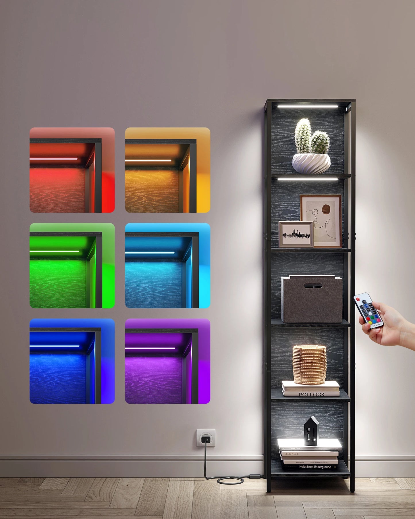 VASAGLE 6-level bookcase with adjustable LED lighting shelf with steel frame 30.3x40x178.6 cm