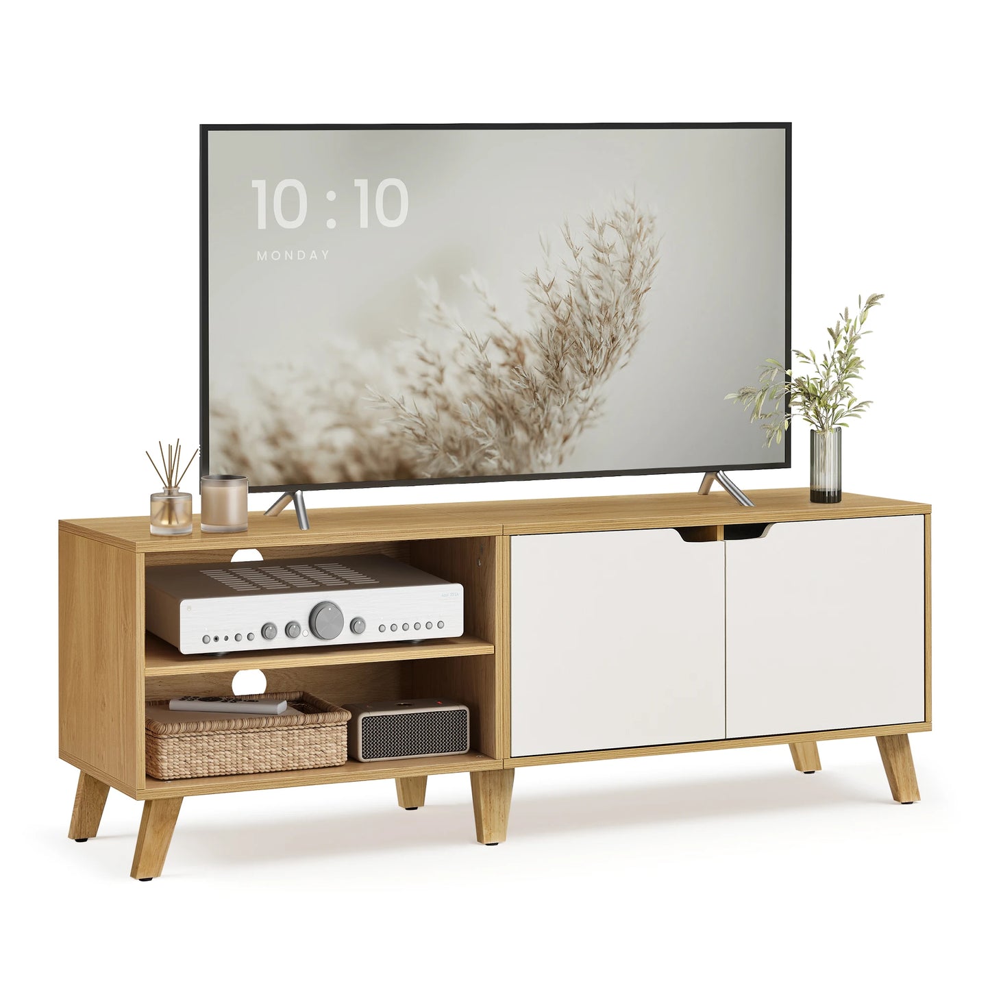 Meuble TV 2 Portes, Longueur 140 cm, pour Téléviseurs 60 Pouces, Salon, Salle à Manger, Chambre, Chêne Naturel et Blanc Crème