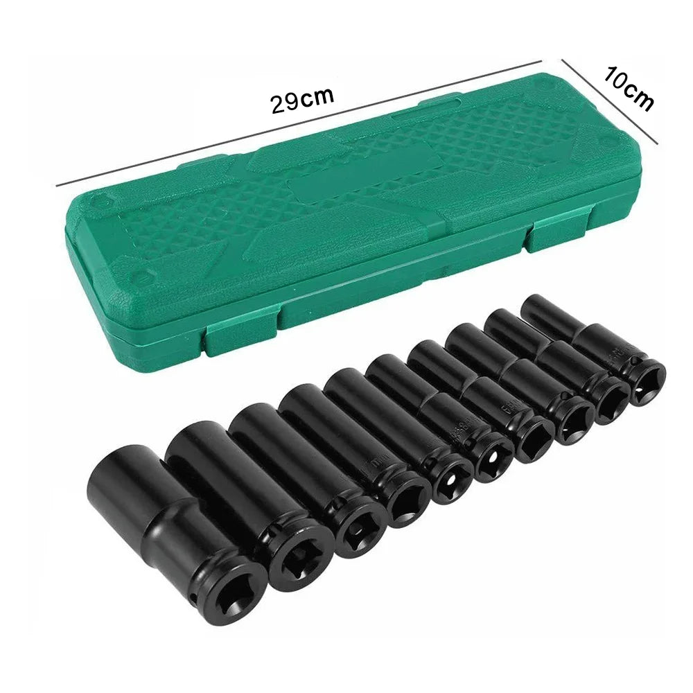 10pcs Impact Socket Set 1/2” Metric Spanner Drive Deep Sockets 10-24mm Pneumatic Wrench Head Tire Removal Tools