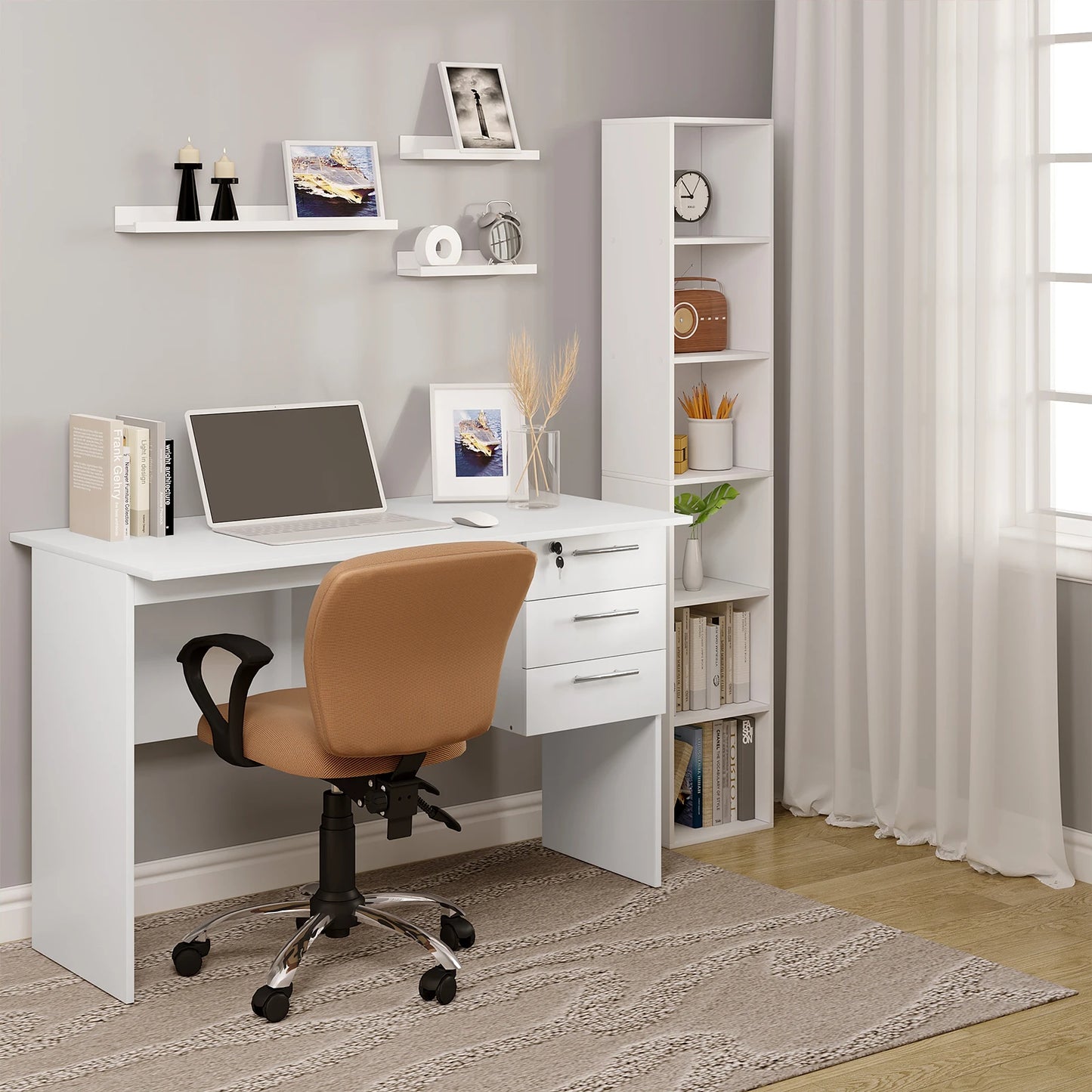 WOLTU Office Computer Desk Black/ White Chipboard Table PC Work Study Table with Lock 3 Drawers for Bedroom Writing Tables