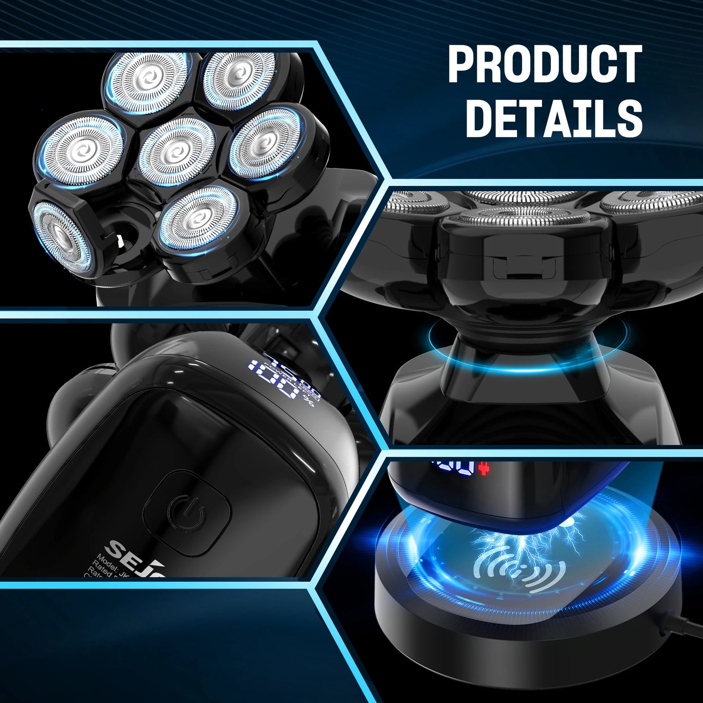 Sejoy rasoir électrique pour hommes chauve 7D rasoir magnétique tondeuse à cheveux USB Rechargeable affichage LED rasoirs à barbe étanches