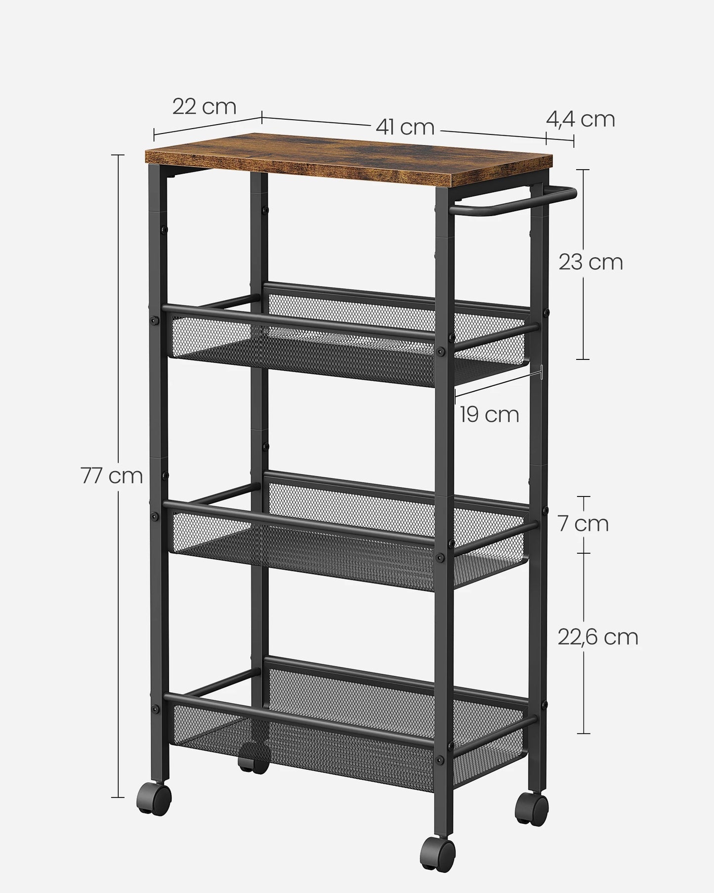 VASAGLE 4-Tier Trolley, Space-Saving Kitchen Cart with Wheels, Steel Frame, Handle, Trolley for Small Spaces, 22 x 45.5 x 77 cm