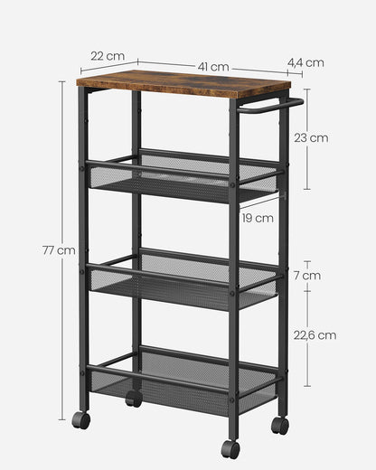 VASAGLE 4-Tier Trolley, Space-Saving Kitchen Cart with Wheels, Steel Frame, Handle, Trolley for Small Spaces, 22 x 45.5 x 77 cm