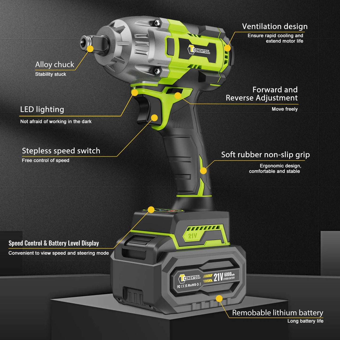 CONENTOOL Clé à Chocs Sans Fil 21V, Moteur Brushless 1/2”, Batterie Lithium 6000mAh, 520Nm de Couple pour Réparations de Voitures et Bricolage à la Maison
