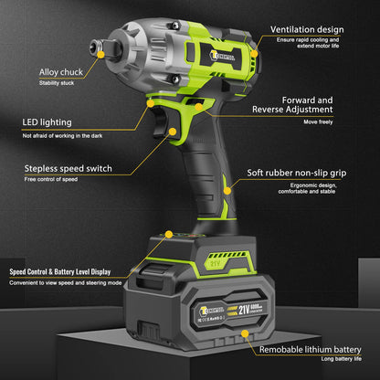 CONENTOOL Clé à Chocs Sans Fil 21V, Moteur Brushless 1/2”, Batterie Lithium 6000mAh, 520Nm de Couple pour Réparations de Voitures et Bricolage à la Maison