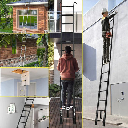 Black 5M Heavy Duty Telescopic Ladders 16.4FT Home Aluminum Extendable Roof Ladder With Detachable Hooks, Certificated EN131
