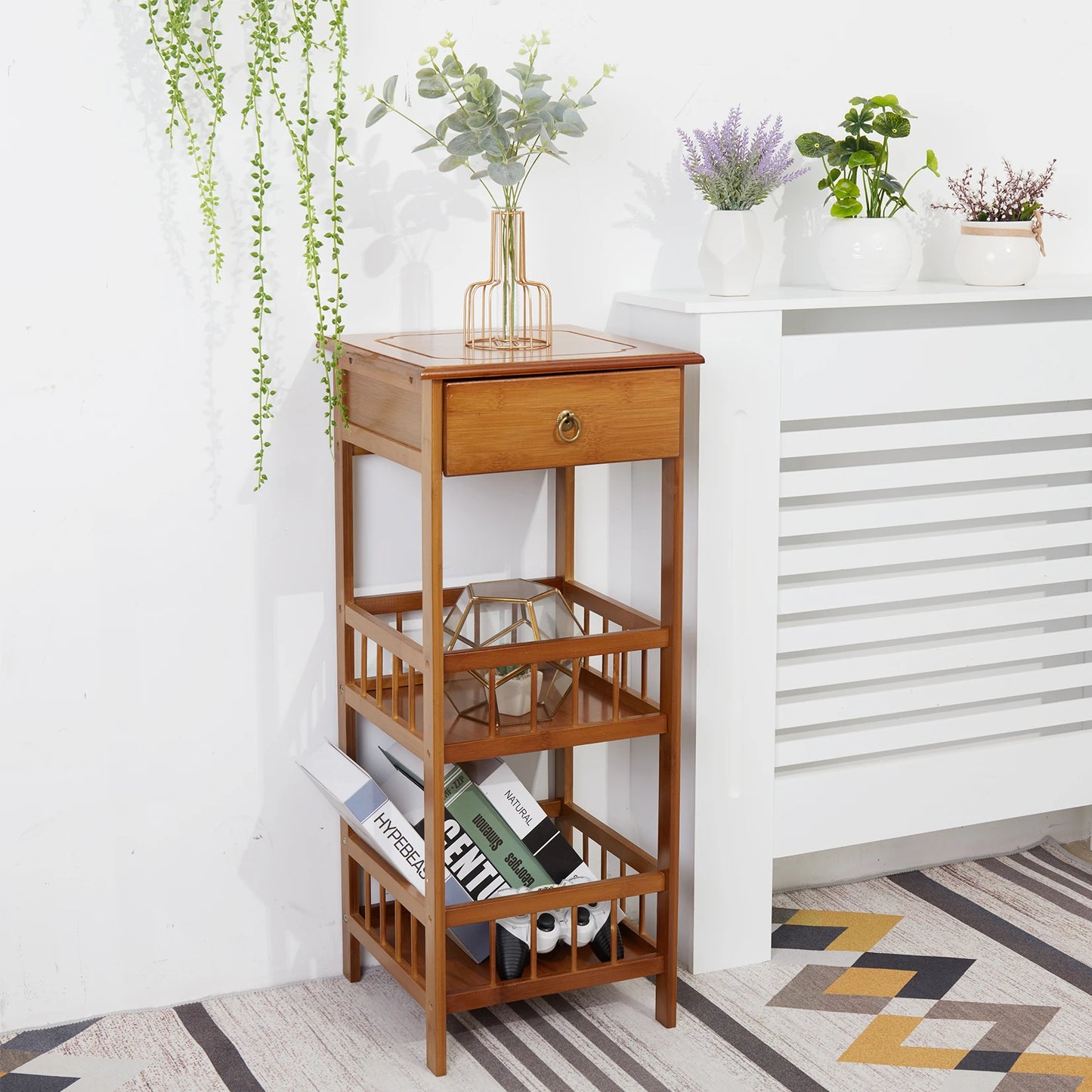 2-Tier Retro Bedside Table Bamboo Sofa Coffee End Table with Drawer Plant Display Storage Shelf Unit