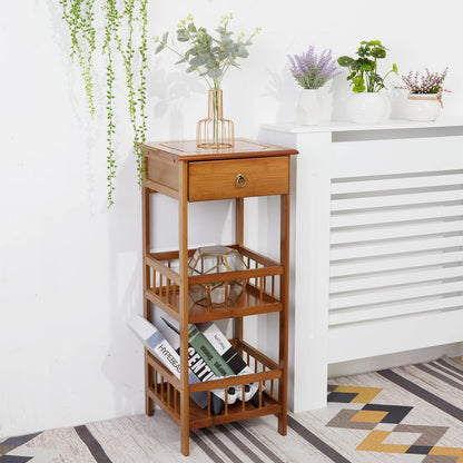 2-Tier Retro Bedside Table Bamboo Sofa Coffee End Table with Drawer Plant Display Storage Shelf Unit