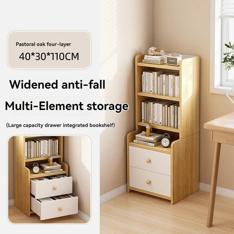 Bibliothèque moderne simple multicouche, support de rangement pour chambre à coucher avec armoire de chevet surélevée, bibliothèque intégrée à tiroir de grande capacité