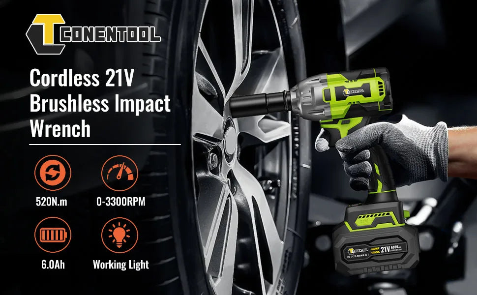 CONENTOOL Clé à Chocs Sans Fil 21V, Moteur Brushless 1/2”, Batterie Lithium 6000mAh, 520Nm de Couple pour Réparations de Voitures et Bricolage à la Maison